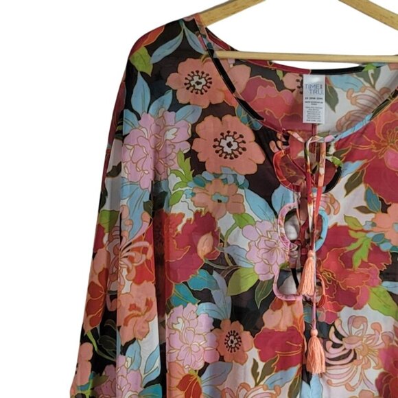 Time and Tru Swim Cover Up Multicolor Size 20 2X Sheer Floral Lace Up Pullover - Picture 3 of 5